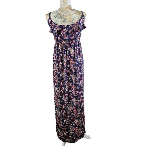 ELLE Dark Blue Floral Crochet Criss Cross Straps Stretchy Ruffle Top Maxi Dress - Picture 10 of 10